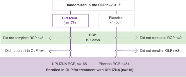 Chart comparing UPLIZNA® to placebo, showing the majority of patients from both treatment arms enrolled in the OLP